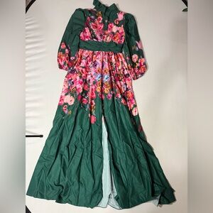 Emerald Green Maxi Dress with Pink Floral Print